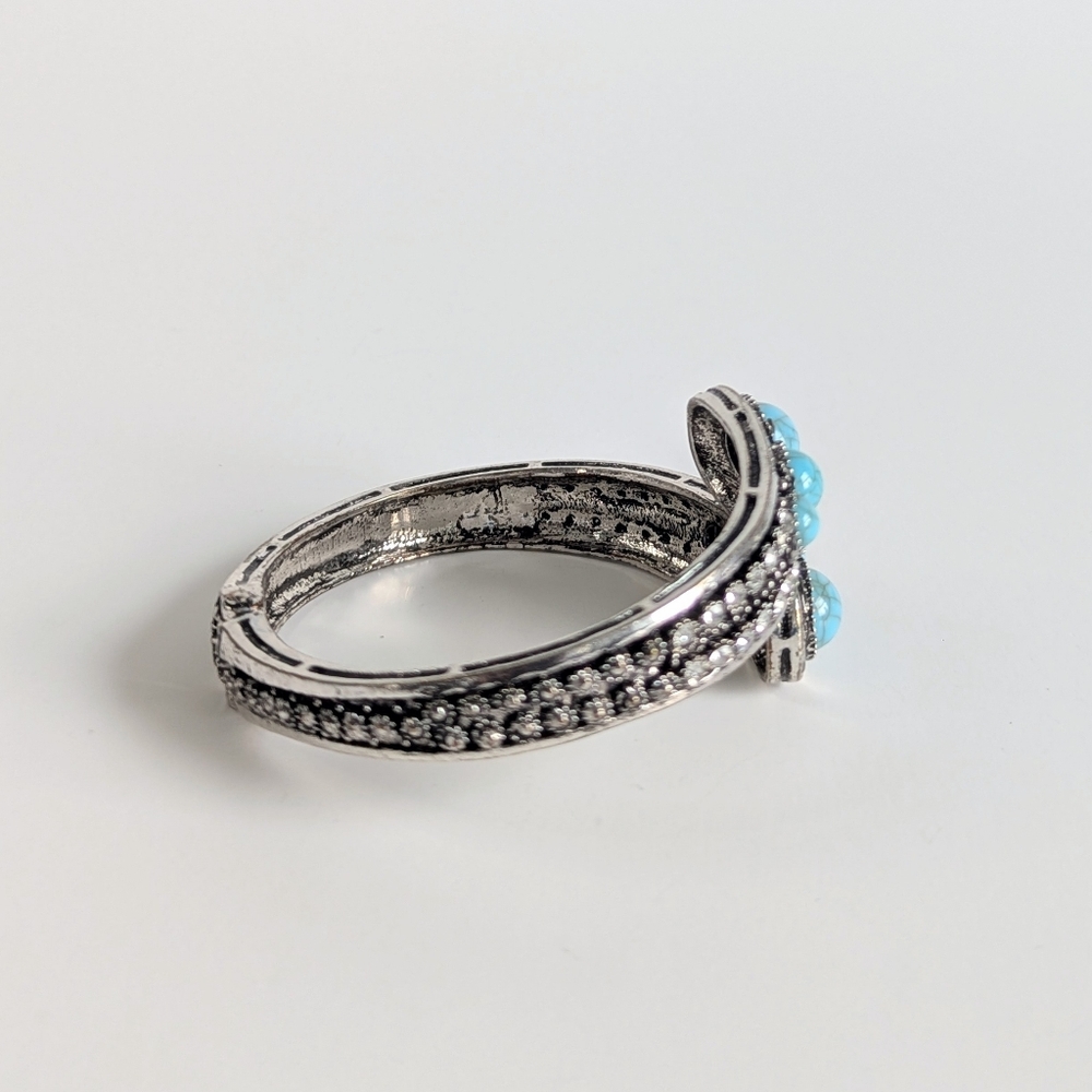 Hinged Antiqued Silver Cuff Bracelet Turquoise Cabochons Rhinestones Metal Beads - Picture 2 of 7